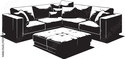 Black Modular Sectional Sofa Silhouette Vector, High Quality Illustration on White Background