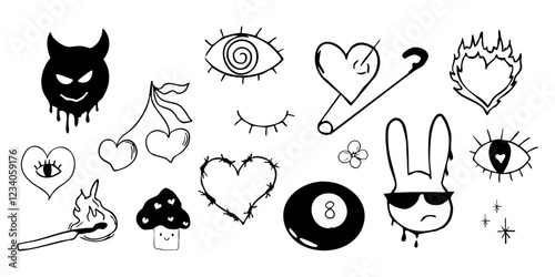 Psychedelic doodle heart barbed wire, with fire nd eye, graffiti groovy set. Retro tattoo grunge lucky ball, disko ball. Street sketch skull and fire vintage aesthetic.