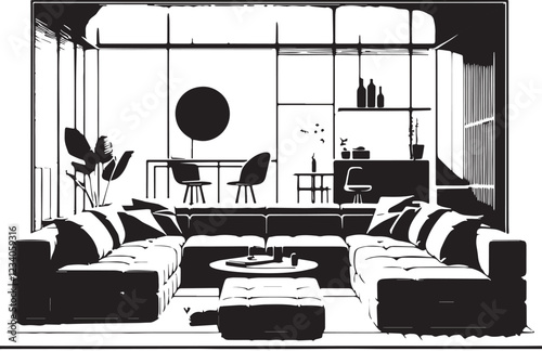 Black Modular Sectional Sofa Silhouette Vector, High Quality Illustration on White Background
