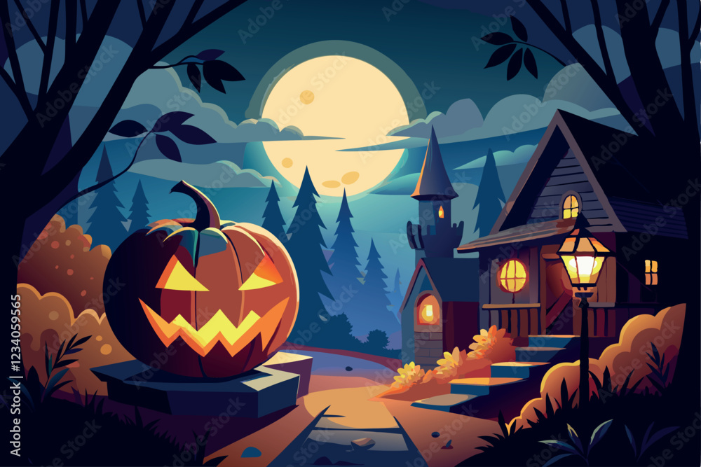 Fototapeta premium A halloween pumpkin lantern at night against a dark misty background plus a copy of the halloween lantern isolated against a transparent background to overlay onto an alternative background.