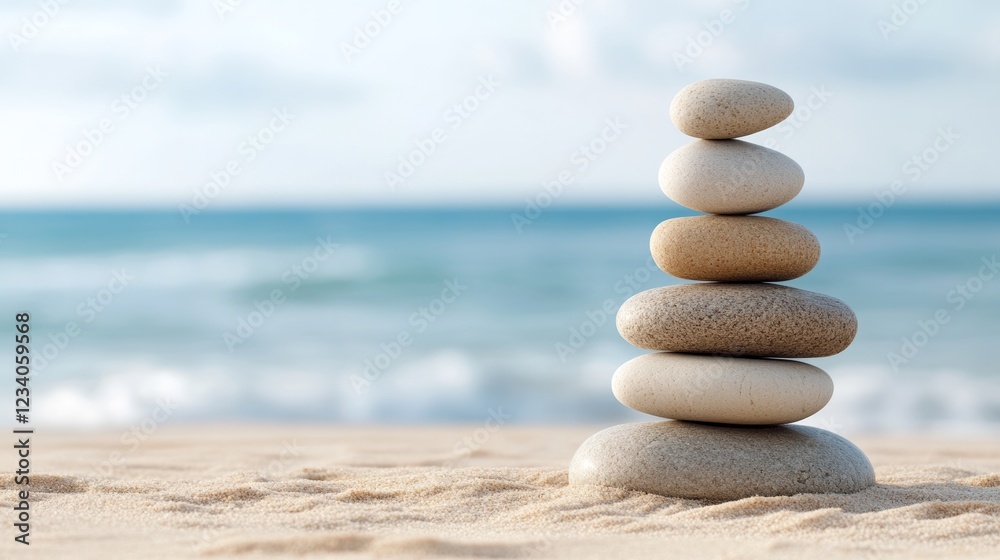 A balanced stack of smooth stones on beach with waves rolling gently ashore under soft skies, embodying peace and considered aesthetics. A balanced stack of smooth stones on beach with waves rolling gently ashore under soft skies, embodying peace and considered aesthetics.