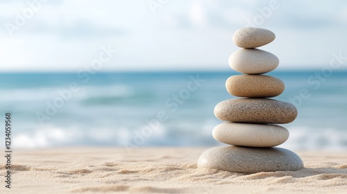 A balanced stack of smooth stones on beach with waves rolling gently ashore under soft skies, embodying peace and considered aesthetics.