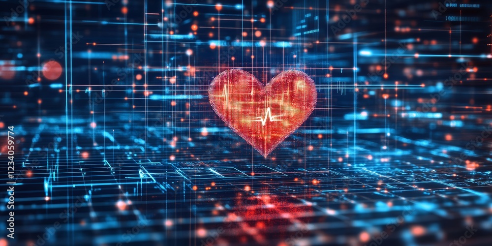 Glowing Red Heart With EKG Line And Futuristic Digital Grid, Healthcare Technology Concept