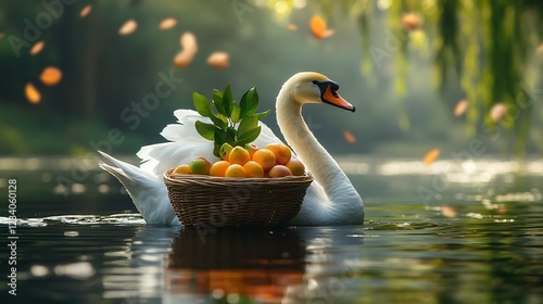 Fototapeta Naklejka Na Ścianę i Meble -  A swan floating on a lake, carrying a small basket of fruits on its back.