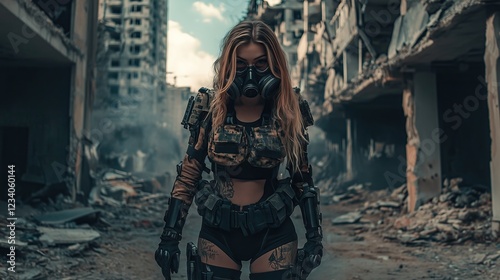 A woman in full body armor and gas mask in a post apocalyptic world