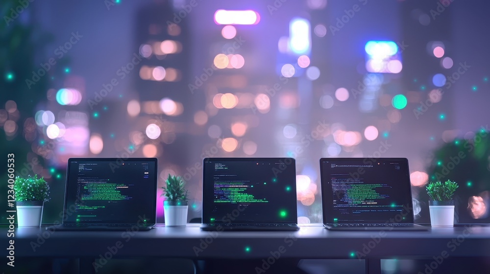 Fototapeta premium Laptops with Coding Screens in Urban Night Setting