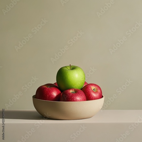 A green apple in the center of a basket full of red apples, representing distinctiveness within a uniform group. 