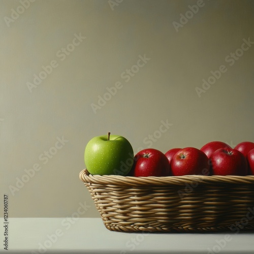 A green apple in the center of a basket full of red apples, representing distinctiveness within a uniform group. 