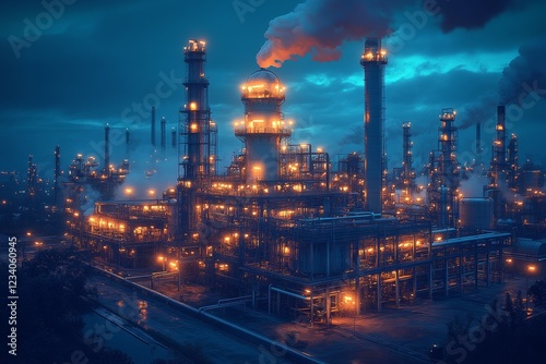 A futuristic industrial gas refinery illuminated at night. Generative AI