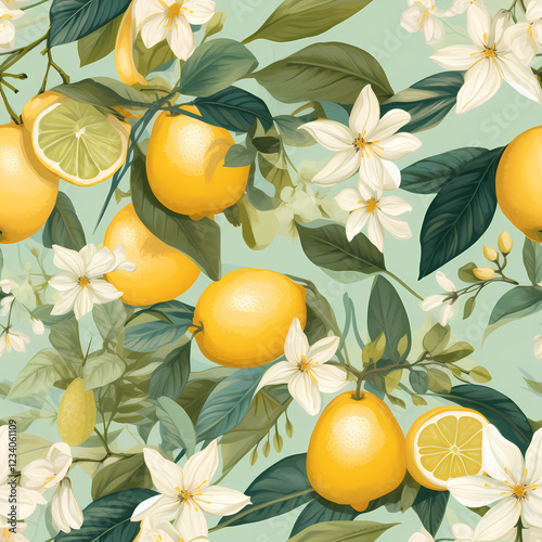 Bright lemon and floral pattern with fresh green background design. Generative AI