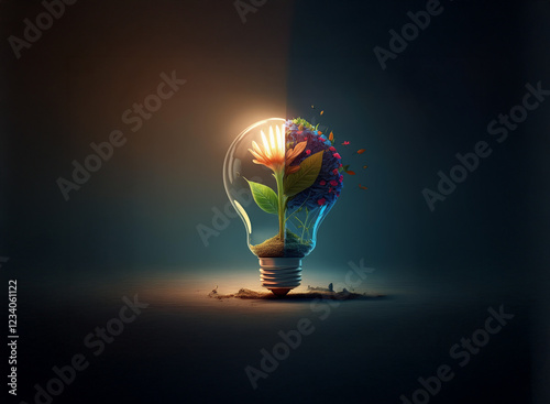 A lightbulb, half glowing, half disintegrating, contains a vibrant flower and dark particles.  It symbolizes growth, transformation, and the duality of creation and destruction. photo