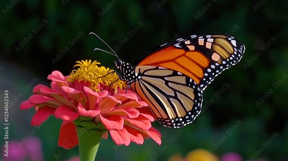 Obraz premium Monarch butterfly feeding on a vibrant pink zinnia flower.