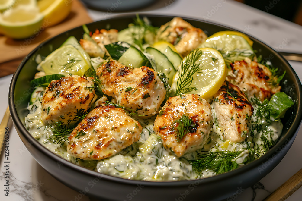 Grilled chicken salad with creamy herb dressing Grilled chicken salad with creamy herb dressing