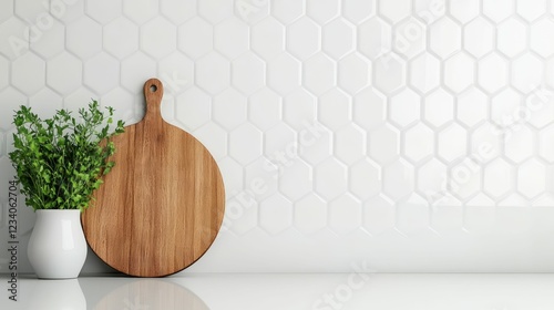 Modern kitchen decor with wooden cutting board and fresh parsley on hexagonal white tile background photo