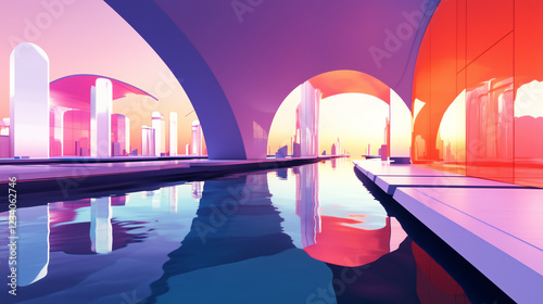 Futuristic Utopian Cityscape with Water Reflections.