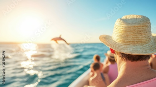 Summer adventure at sea with jumping dolphin and tourists enjoying sunset