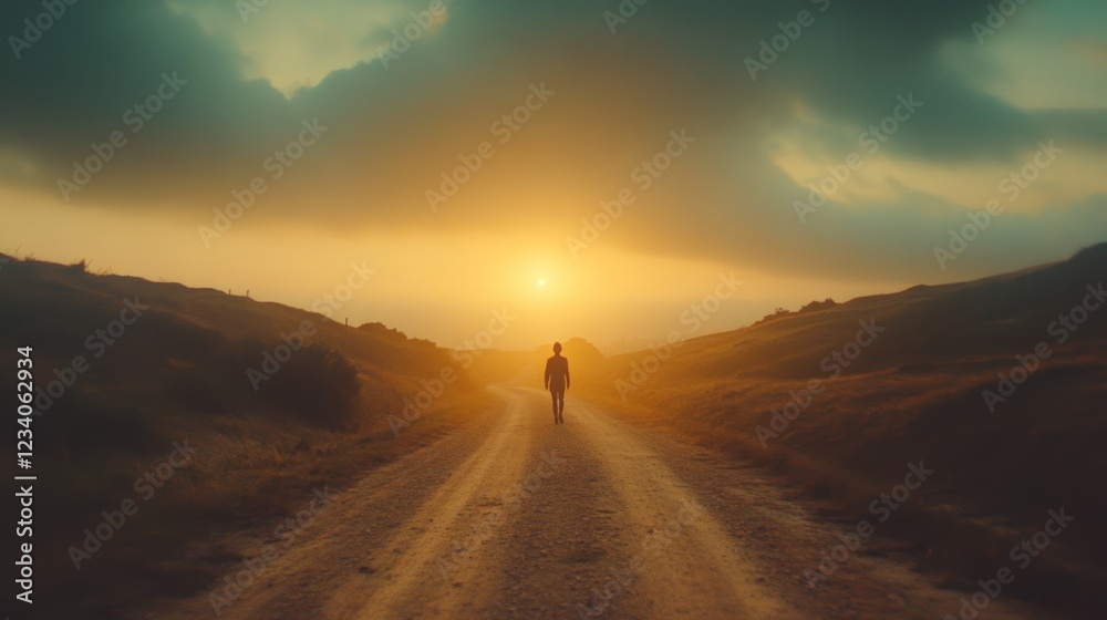 Fototapeta premium A solitary traveler walks towards a golden sunset along a dusty road, embodying introspection and the promise of new beginnings.