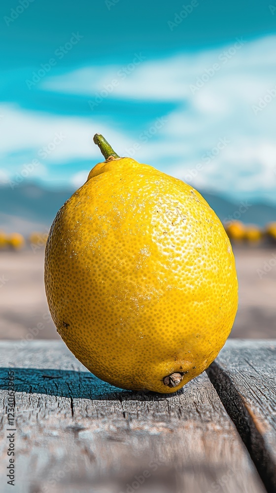 Lemon on rustic table with sunlit citrus grove background Lemon on rustic table with sunlit citrus grove background