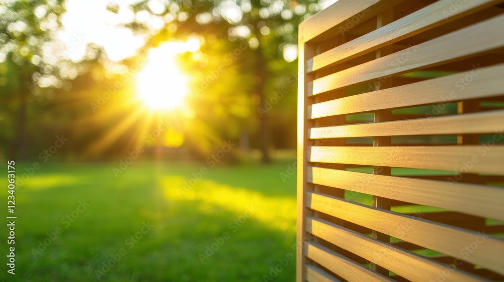 Fototapeta premium Sunlit wooden fence in a green garden at sunset