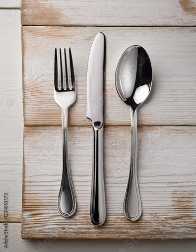 Cubiertos cuchara cuchillo y tenedor de acero inoxidable dispuestos en una mesa para comer con una servilleta blanca