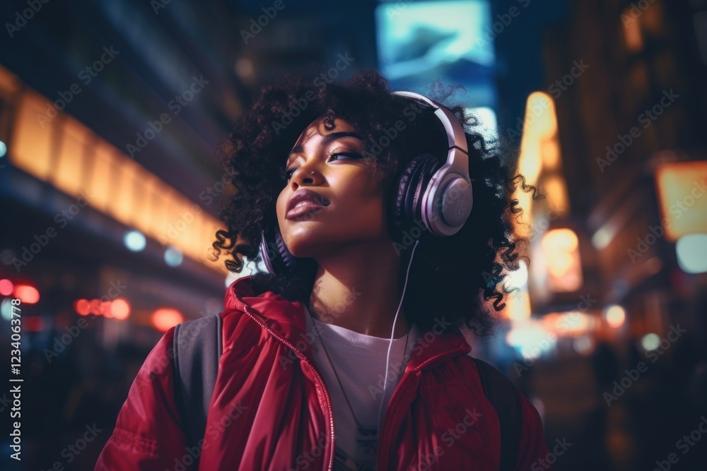 Black woman headphones headset street. Black woman headphones headset street.