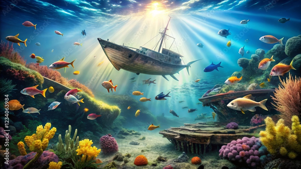 Fototapeta premium Underwater Scene of Sunken Ship and Colorful Tropical Fish
