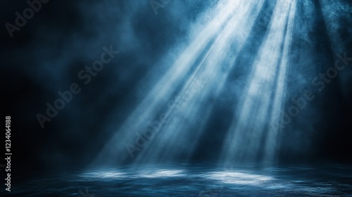 Dramatic Blue Light Beams Illuminate Dark Room Floor. AI Generated