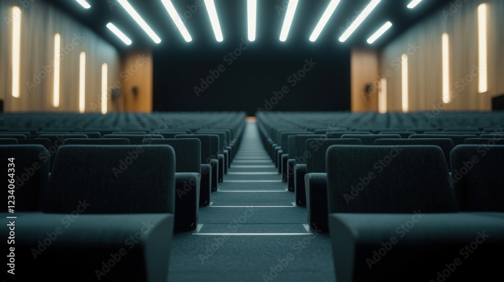 Empty modern auditorium with rows of dark gray seats and bright ceiling lights. Empty modern auditorium with rows of dark gray seats and bright ceiling lights.