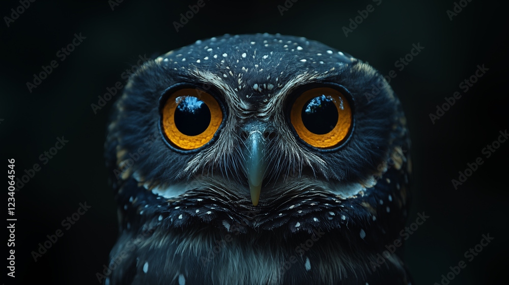 Fototapeta premium Spotted owl face close up with striking yellow eyes against dark background. Wildlife and nocturnal predator portrait concept