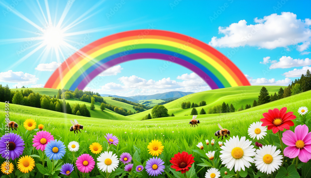 Fototapeta premium Vibrant meadow with rainbow and bees, celebrating nature's beauty