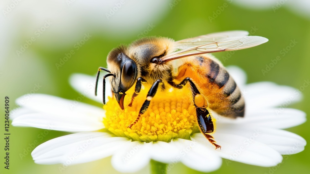 Close-up of honey bee pollinating a daisy flower in a spring garden Close-up of honey bee pollinating a daisy flower in a spring garden