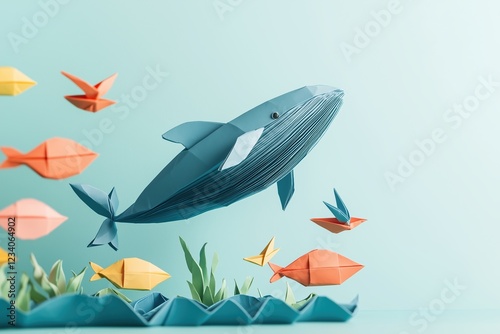 Colorful paper art representation of a whale swimming among fish in a serene underwater view with soft pastel background. Ocean climate transformation and World Environment Day concept.