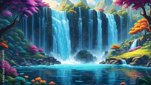 Vibrant illustration of a serene waterfall cascading into a tranquil pool, surrounded by lush colorful foliage and majestic mountains.