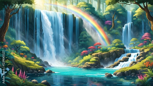 Lush, vibrant illustration of a serene waterfall cascading into a tranquil pool, framed by a rainbow in a magical forest.