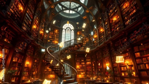 Grand Library at Dusk:  A breathtaking view of a grand, circular library filled with towering bookshelves, a sweeping spiral staircase, and the warm glow of countless candles and lamps at dusk.