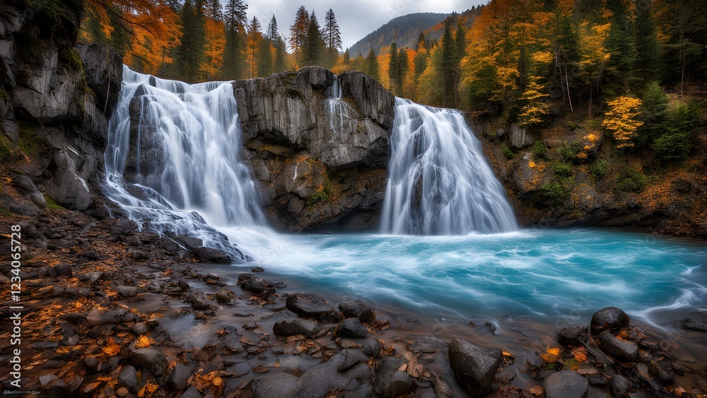 Obraz premium Serene autumn waterfall cascading into a turquoise pool, surrounded by vibrant fall foliage and dark rocks.
