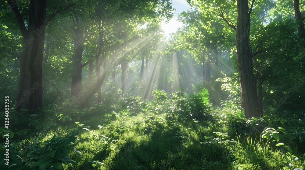 Obraz premium Tranquil sunrays amidst a lush woodland