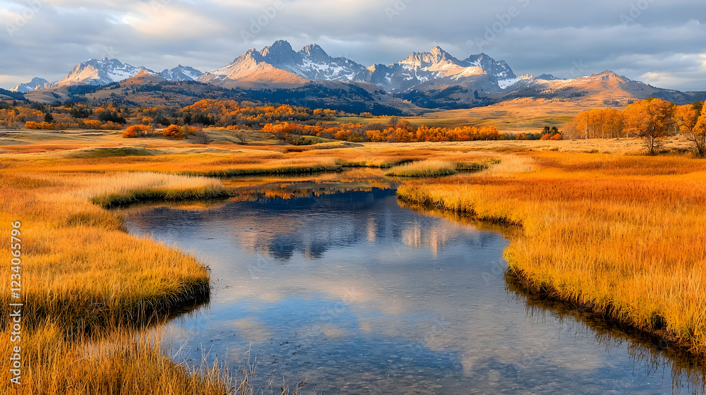 Naklejka premium Autumnal mountain reflection in valley stream