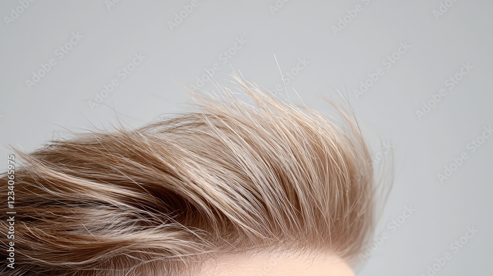 Fototapeta premium Close-up of stylish, textured blonde hair against a soft gray background, showcasing modern grooming trends.