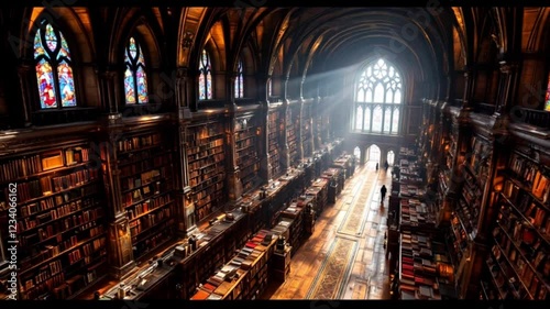 Cathedral of Knowledge: A dramatic, high-angle view of a grand library's interior, showcasing soaring arched ceilings, an intricate stained glass window, and rows upon rows of books.
