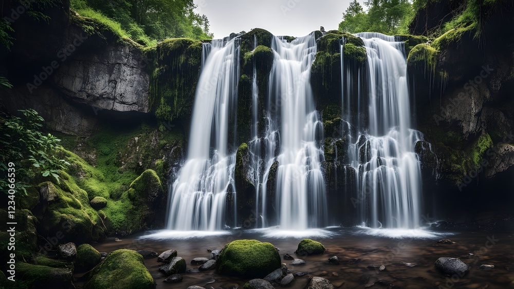 Obraz premium Serene waterfall cascading over moss-covered rocks in a lush green forest.