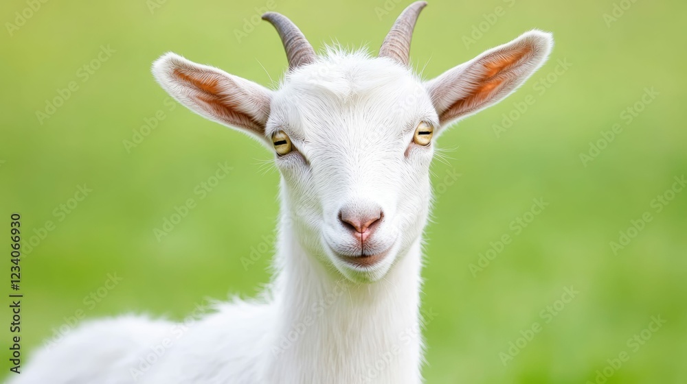 Curious white goat on pasture with green background Curious white goat on pasture with green background
