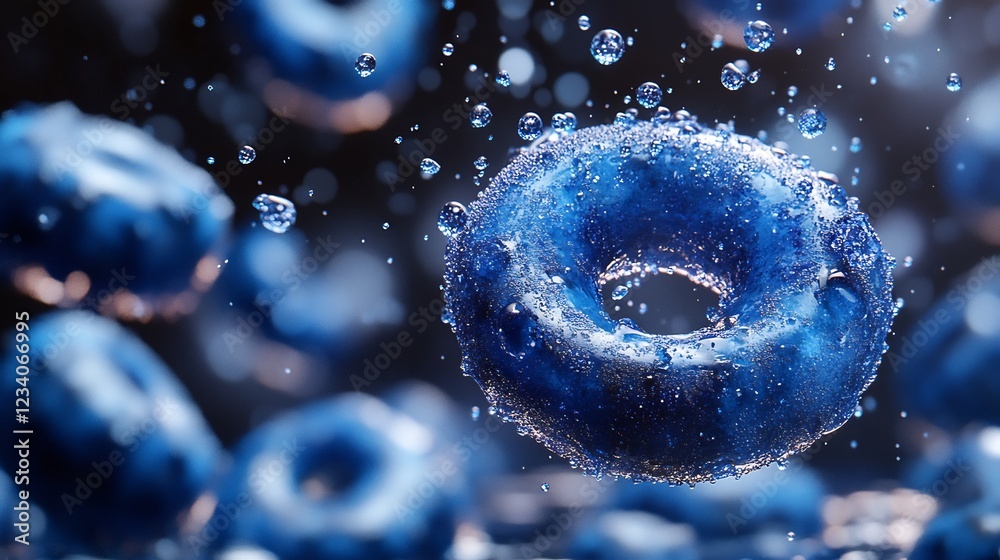 Blue Donuts Splashing Vibrant Water Droplets Dynamic Composition. AI Generated