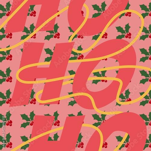 Christmas card design with ho ho ho and holly berries. Ho-ho-ho, hohoho, Merry Christmas, greeting, decoration,  invitation card.  Merry Christmas typography.  Vector illustration.