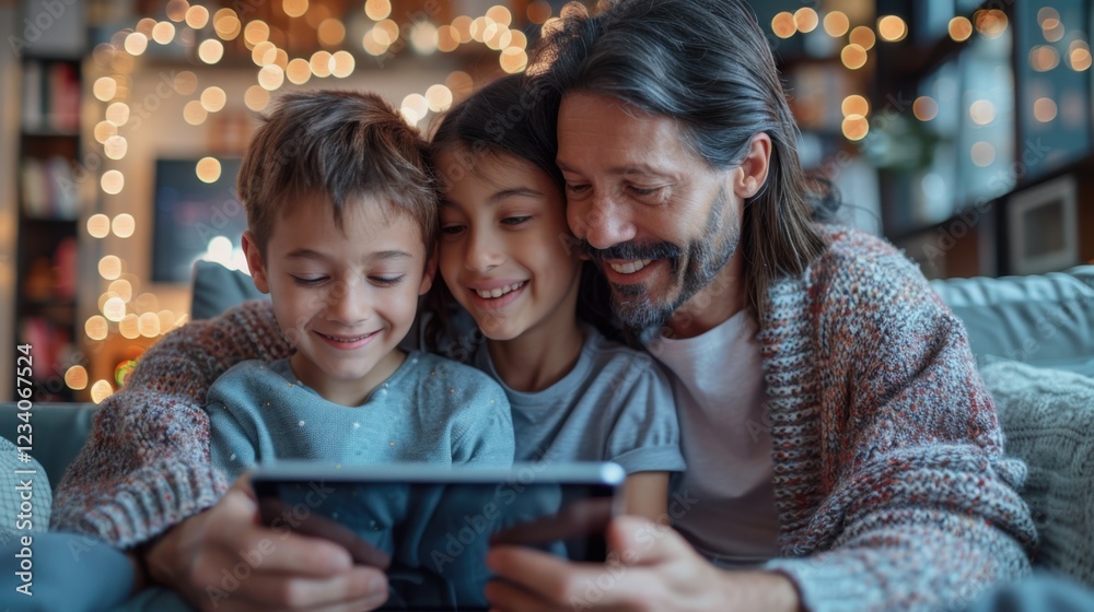 Obraz premium There is a man and two children looking at a tablet