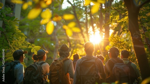 Several people are standing in a forest looking at the sun, travel concept, copy space