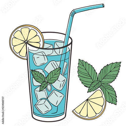 Blue Mojito Cocktail with Mint and Lemon in Glass. Perfect for: Summer, Pool Parties, Cocktail Bars, Tropical Nights