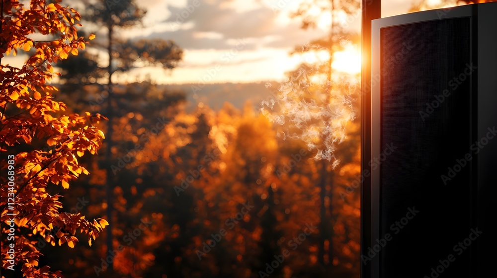 Autumnal Forest Sunset View Through Window Pane