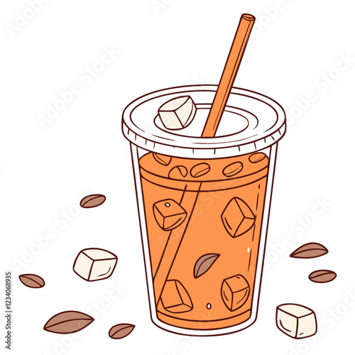 Thai Iced Tea with Ice Cubes in Transparent Cup. Perfect for: Thai festivals, Summer, Street food culture, Tea shops