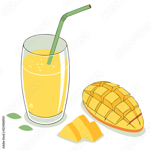 Refreshing Mango Smoothie with Yellow Slush in Glass. Perfect for: Summer, Tropical vacations, Juice bars, Healthy lifestyle promotions